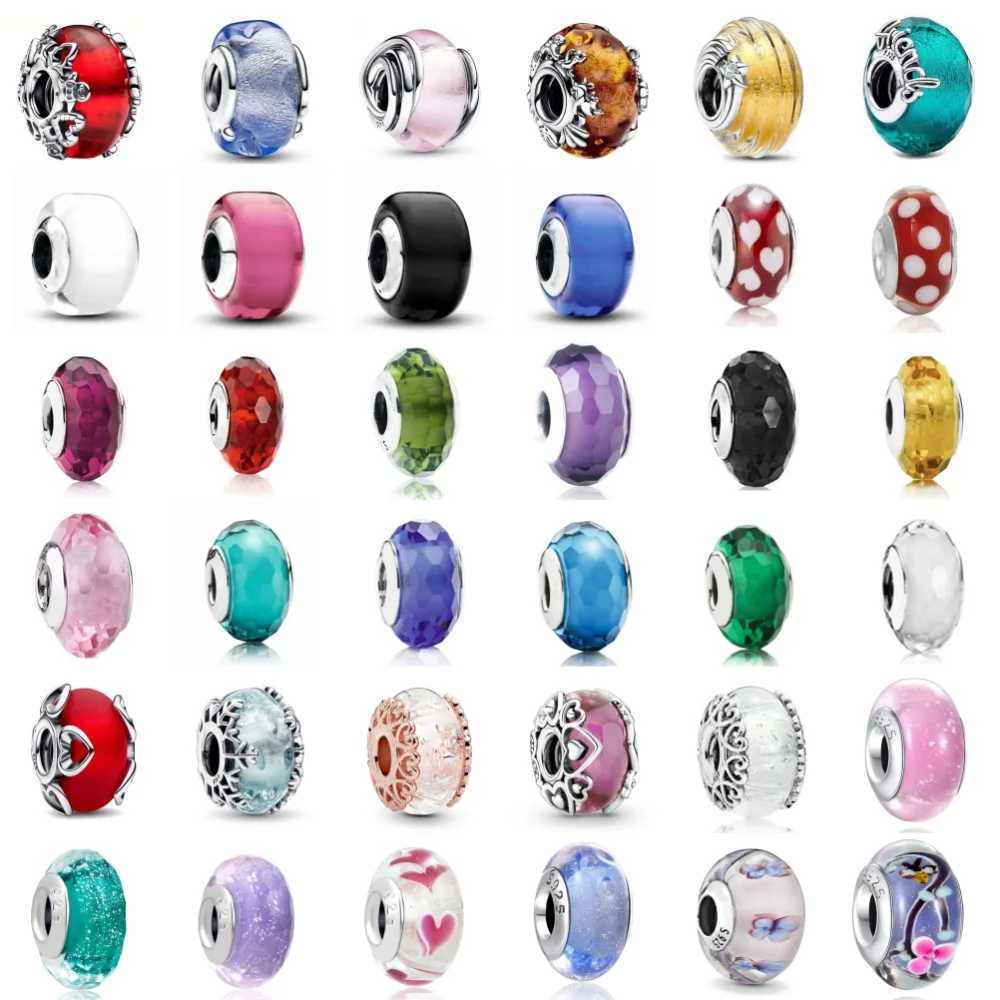 925 Silver Blue Pink Glass Bead rosted Red Murano Glass Hearts Charms Fit Original Bracelet Women DIY Accessories Jewelry Gift XJ250607