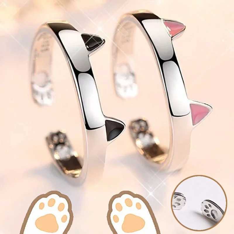 2Pcs Cute Cat Rings for Women Girls Adjustable Cat Ears Paw Animal Finger Ring Couple Cartoon Little Cat Kitten Gift Jewelry W250606
