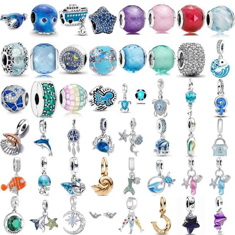 925 Silver plated New Summer Ocean Series Blue starfish Dolphin Pendant DIY Charms Beads Fit Original Bracelet For Girl XJ250607