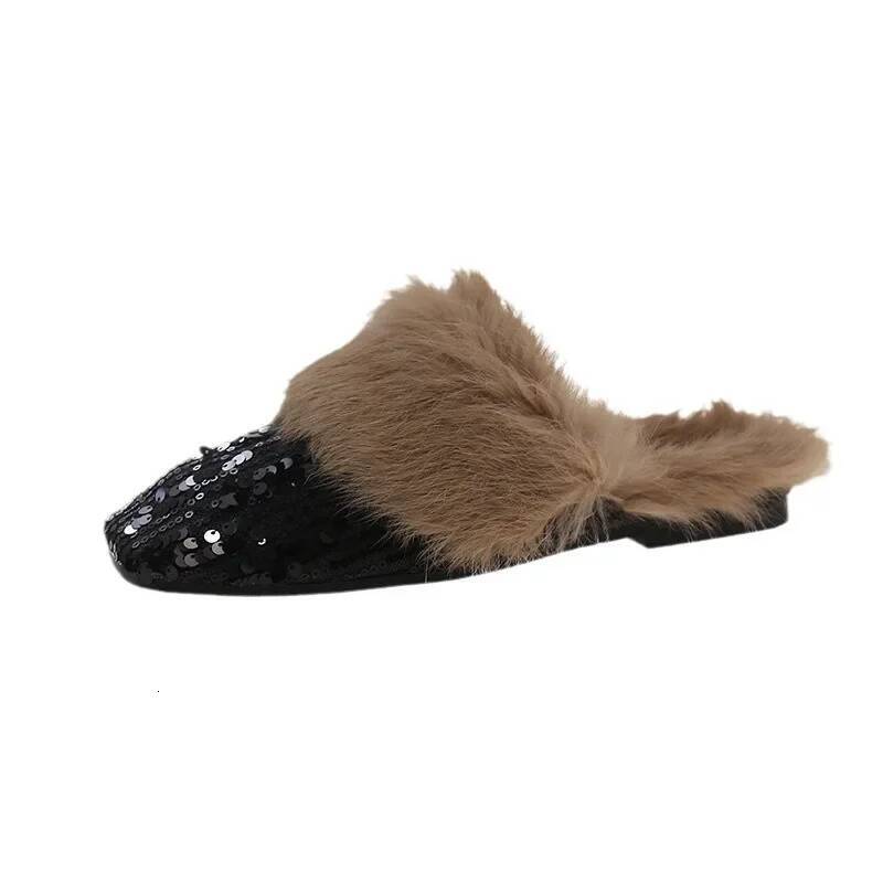 Ddmyoutdoor Plush For Women Fashion Shiny Flat Fuzzy Baotou Slippers Anti Skid Ladies Slip On Mules Indoor Outdoor Casual Shoes Beach outdoor shoes