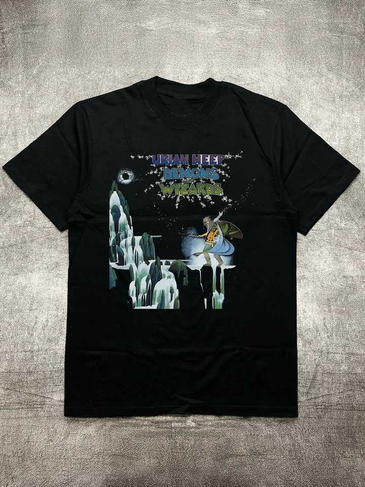 Mens Heat Transfer Print Cotton Round Neck Short Sleeve T-Shirt - Fantasy Theme Band Elements Design Black 200g X250607