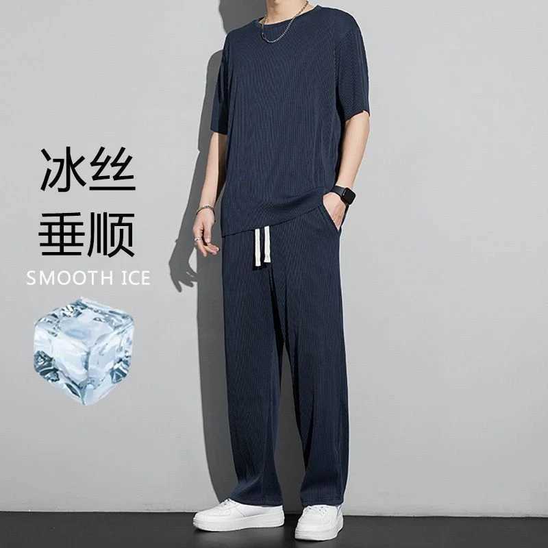 Ice Silk Sports Suit Mens Summer Thin Casual Long Trousers Short-sleeved T-shirt Ins Quick-drying Drooping Clothes Set W250609