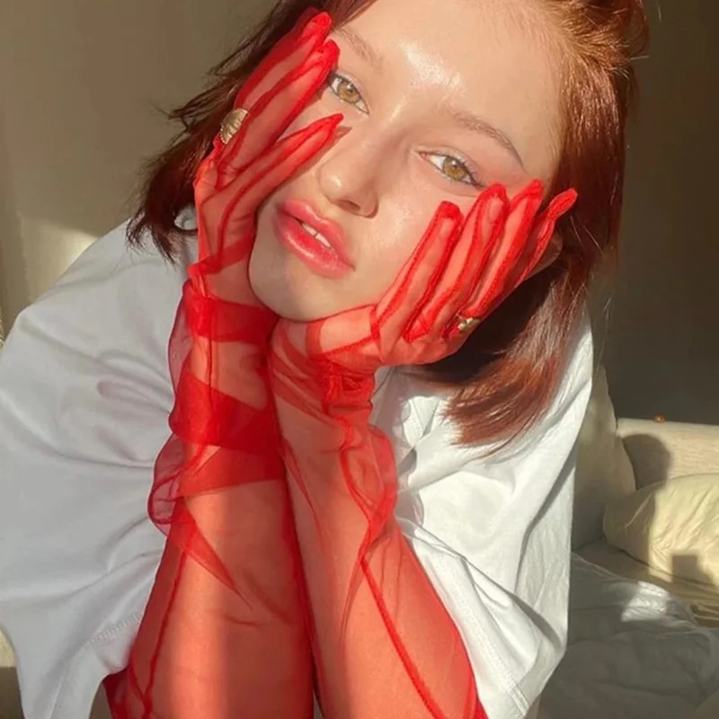 Wedding Bride Gloves Fashion Long Sheer Tulle Gloves Ultra Thin Stretchy Full Finger Mittens Mesh Elbow Halloween Accessory 250603