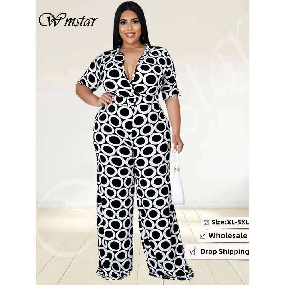 Wmstar Plus Size Women Jumpsuit Summer Clothes Printed V Neck with Belt Urban Leisure Bodysuit New 2022 Wholesale Dropshipping