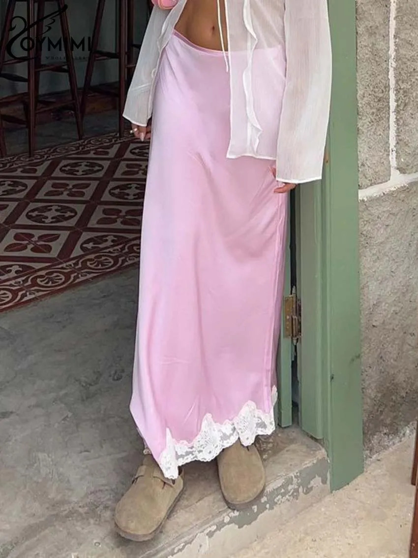 Oymimi Elegant Pink Lace Skirts For Women Casual Low Waisted Patchwork Skirts Streetwear Fashion Straight Ankle-Length Skirt 250605