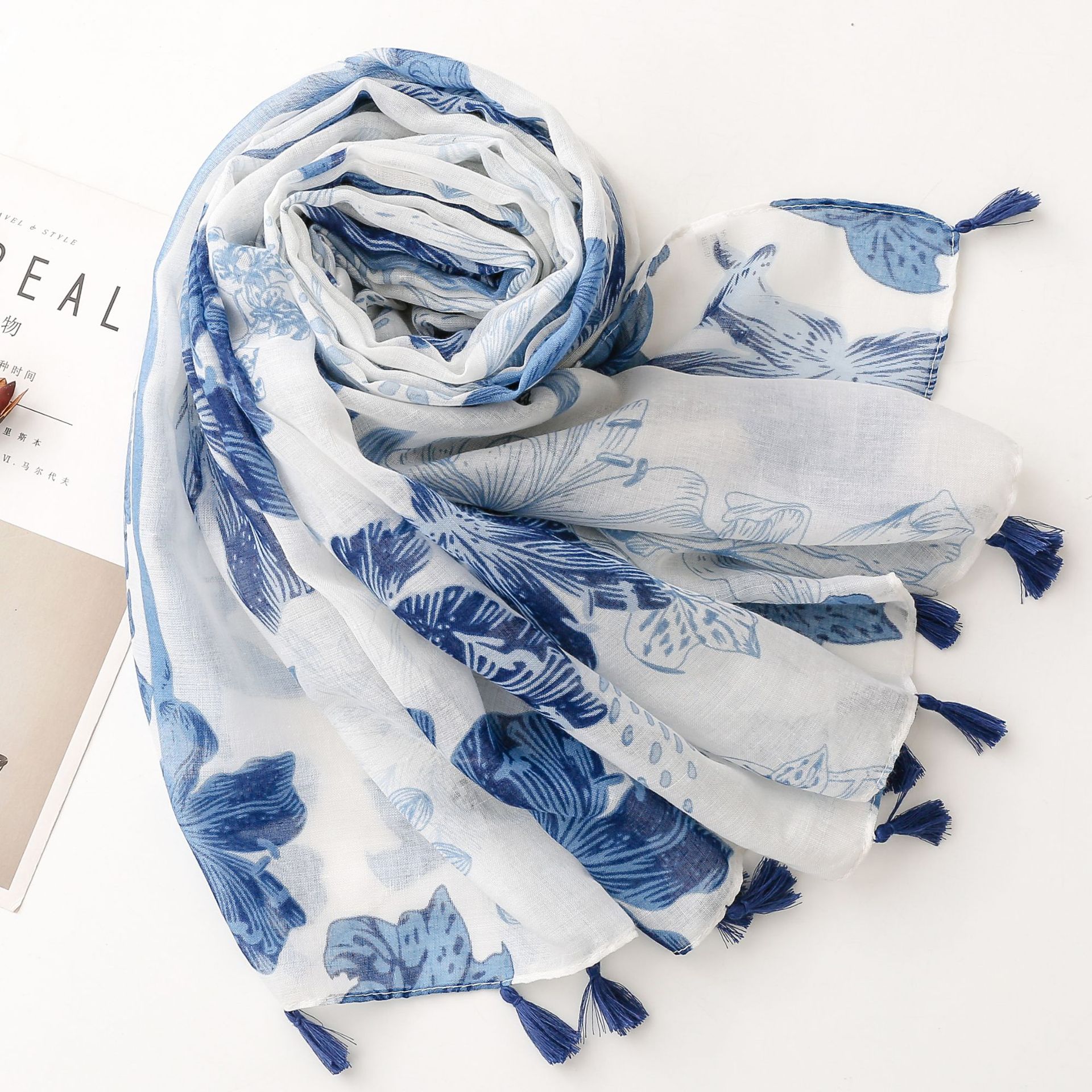 K947 Small fresh Chinese style retro blue and white porcelain cotton and linen feel scarf Bali yarn silk scarf blue ink painting flower female