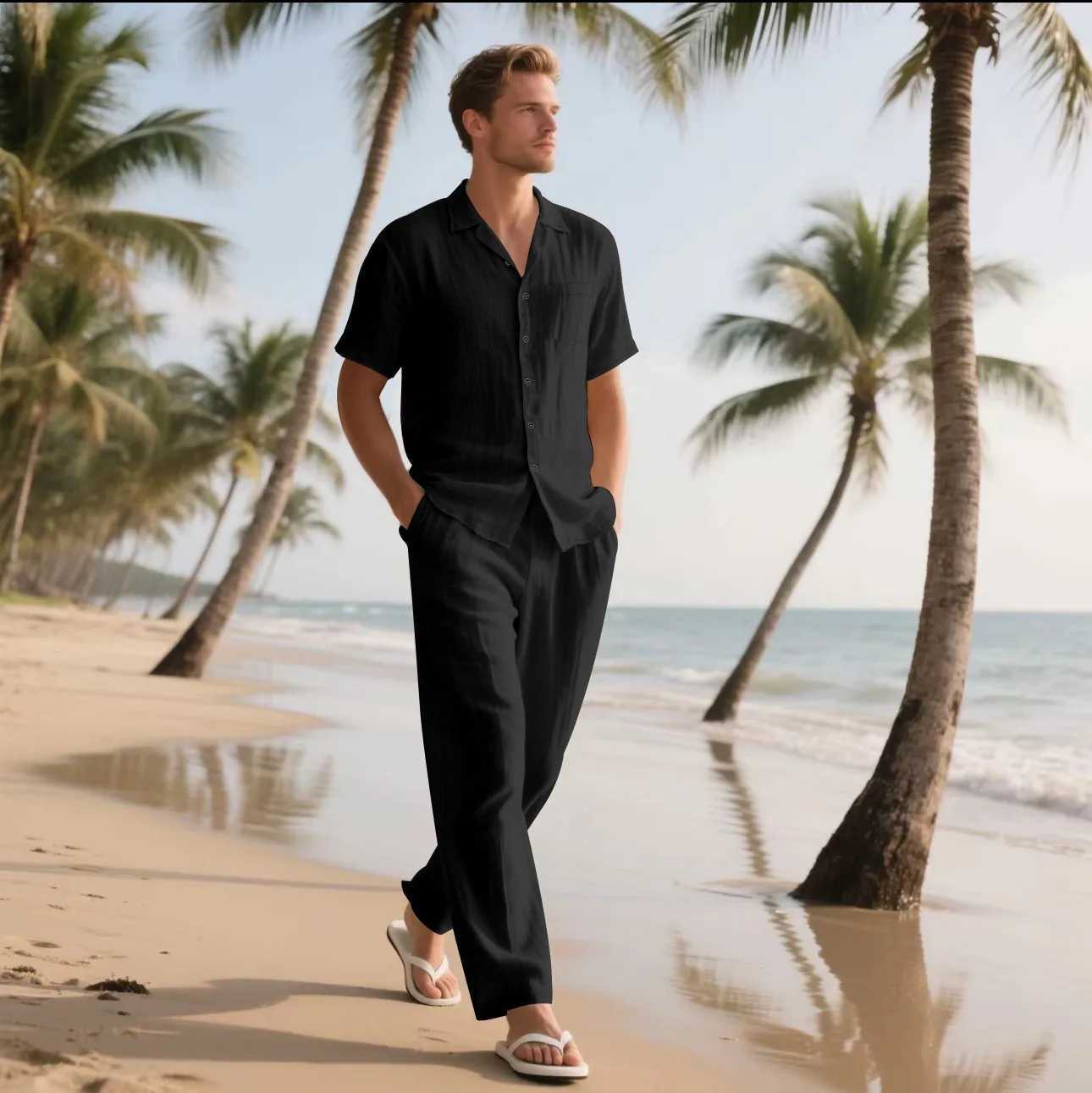 2025 Summer Beach Mens Linen Short-Sleeved Shirt Set is a Two-Piece Long Pants Set Suitable for Daily Casual Beach Vacations W250609