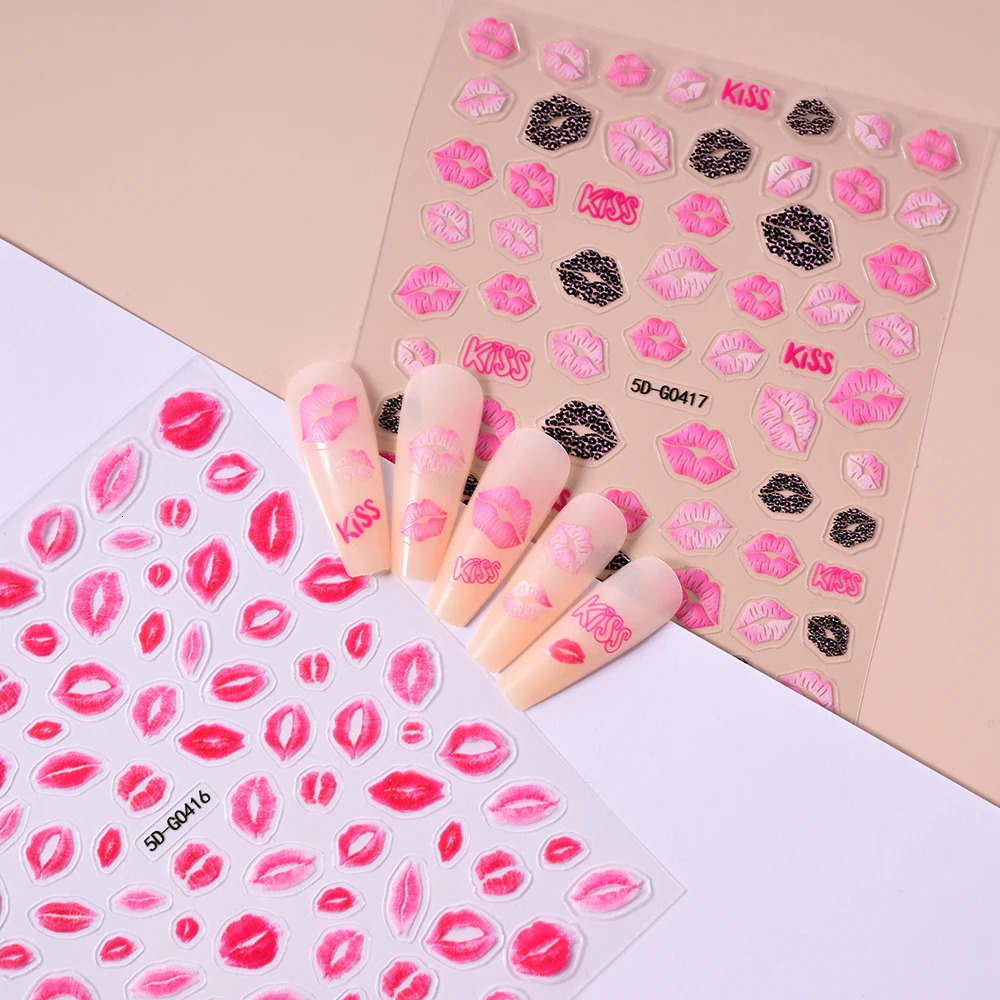 1sheet 5D Sexy Red Lips Nail Decal Stickers KISS Love Heart Valentines Day Selfadhesive Slider DIY Romantic Decor 250605