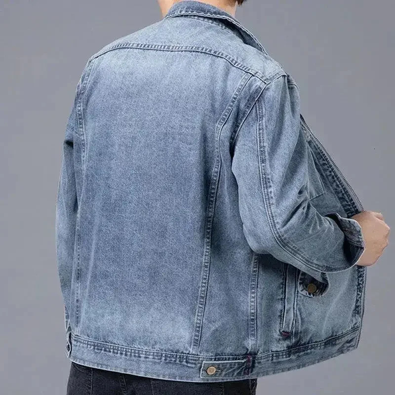 Male Jean Coats Biker Zip V Blue Autumn Pocket Mens Denim Jacket Motorcycle Vintage Aesthetic Casual Joker Outwear Japanese Y2k 250530