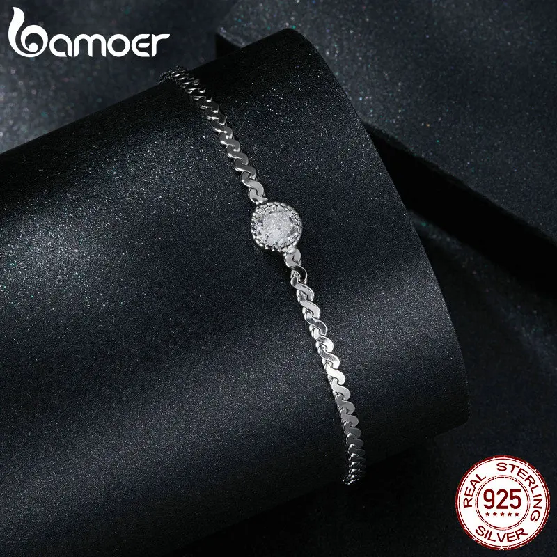 BAMOER 925 Sterling Silver 0.5CT Sparkling Moissanite Bracelet Bezel Setting Lab Diamond Chain Link for Women Anniversary Gift Tester moissanite