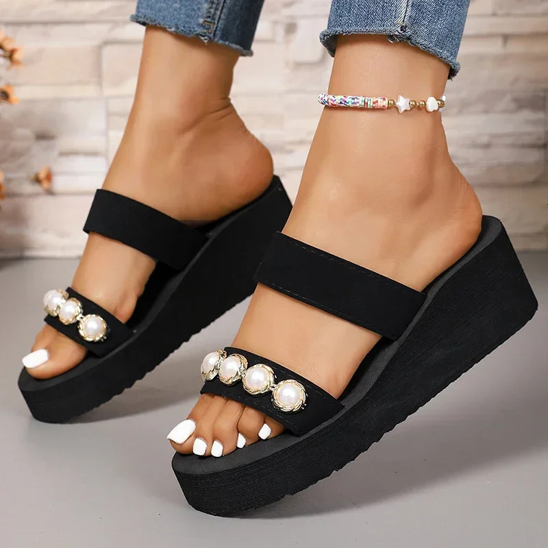 Pearls Womens Wedge Slippers Summer 2025 Chunky Platform Slip On Sandals Women Beach Casual Heels Slides Flip Flops 42 250603