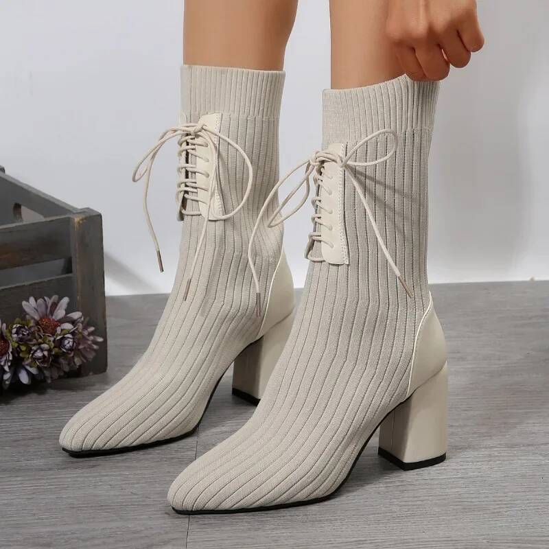 Ddmyoutdoor Knit Socks Shoes Stretch Fabric Women Ankle Pointed Toe High Heels Slip On Sock Heeled Boots Size Outdoor Shoes