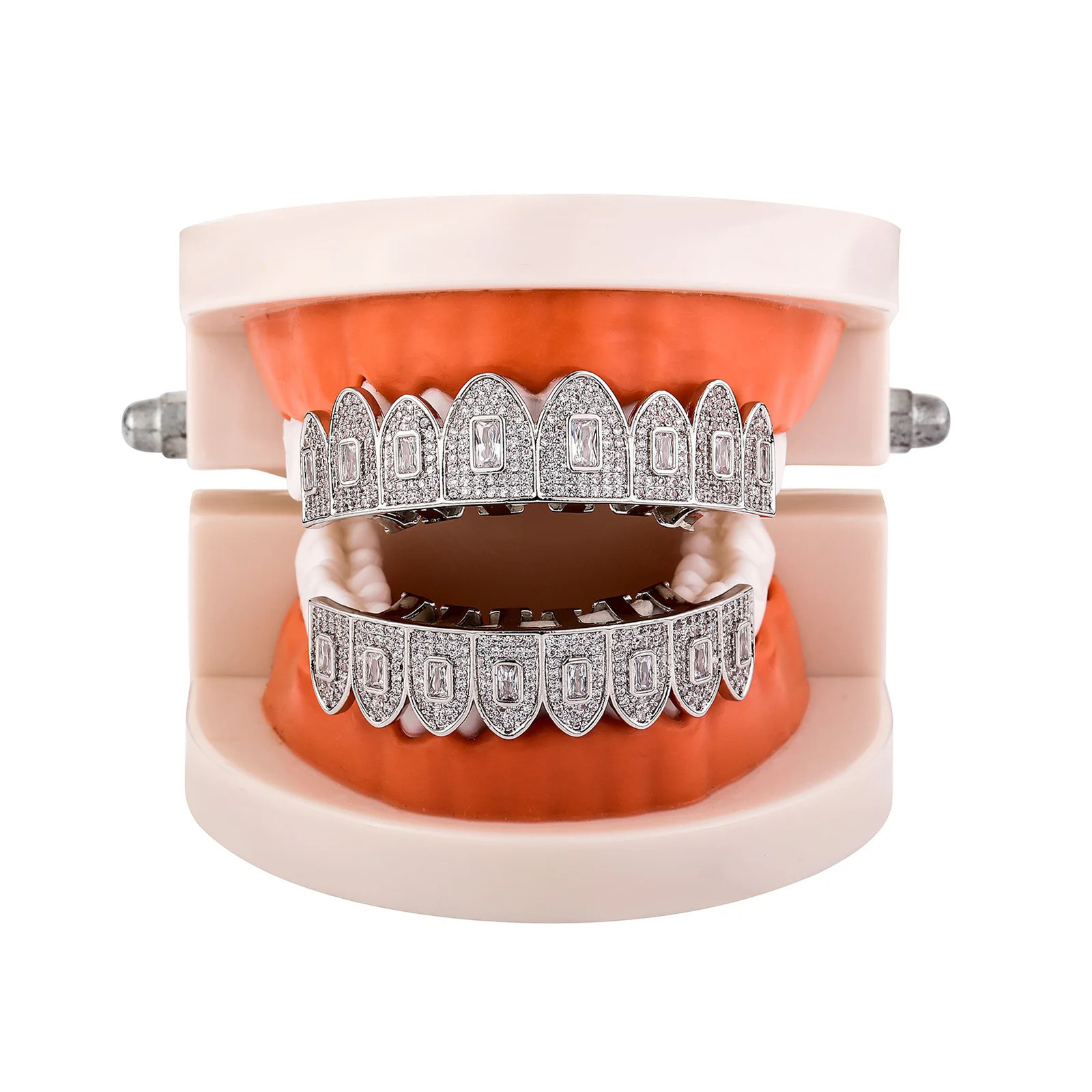 GUCY Hip Hop Micro Teeth Grillz For Men Iced Out Cubic Zircon Top Bottom Tooth Cap Cover Cosplay Jewelry 250606