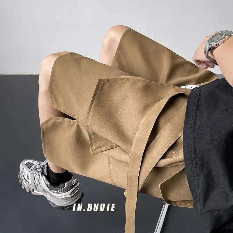 Vintage Fashion Personality All-match Mens Cargo Shorts Classic Loose Korean Street Casual Waist Drawstring Casual Short 250605