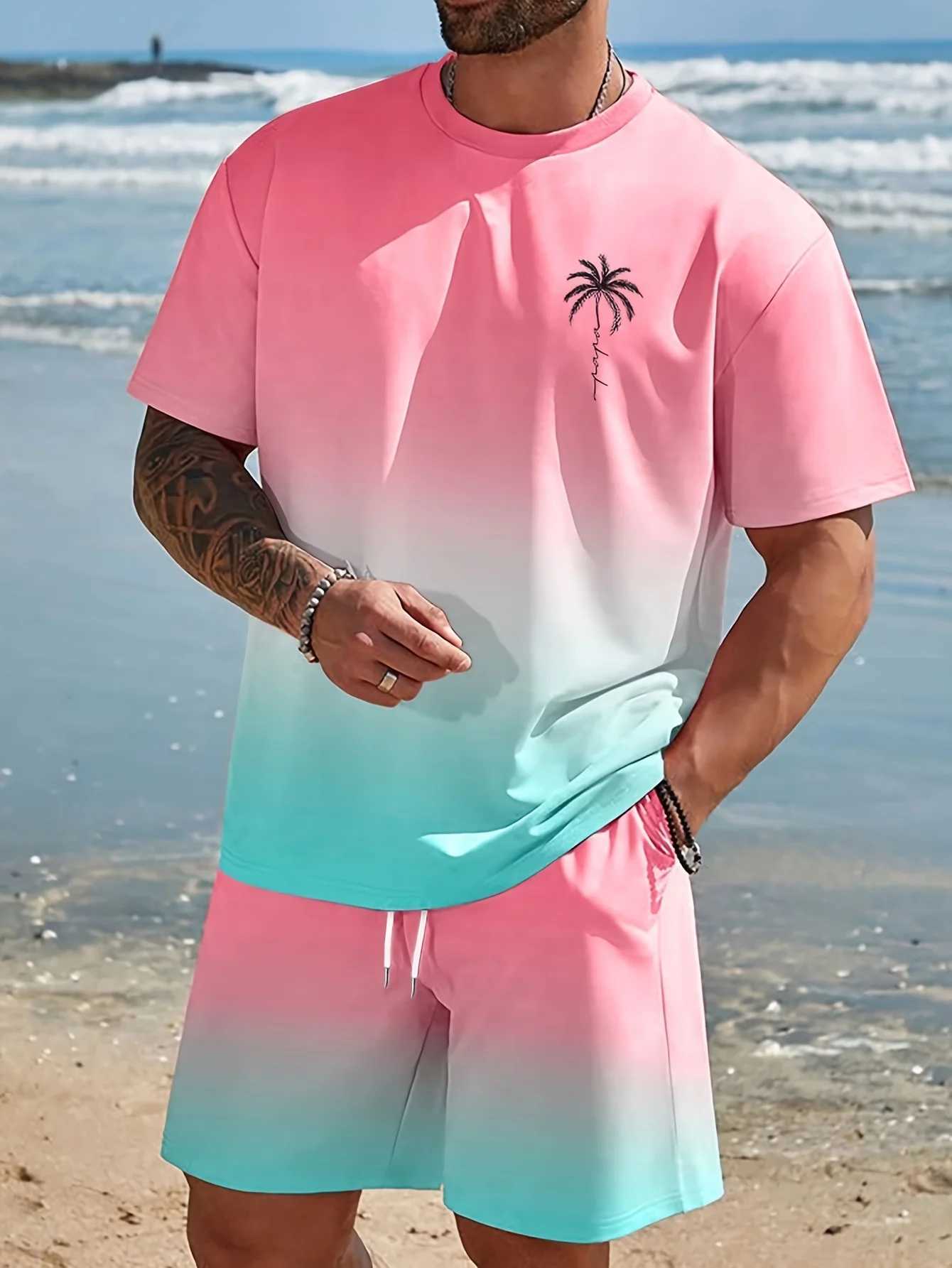 Mens Two Piece Casual Crew Neck T-shirt and Shorts with All Over Print Regular Fit Spring/Autumn Sweatshirt W250609