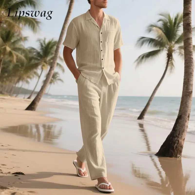 Summer New Casual Mens Linen Outfits Vacation Leisure Solid Color Two Piece Suits Men Fashion Short Sleeve Shirt And Pants Sets W250609
