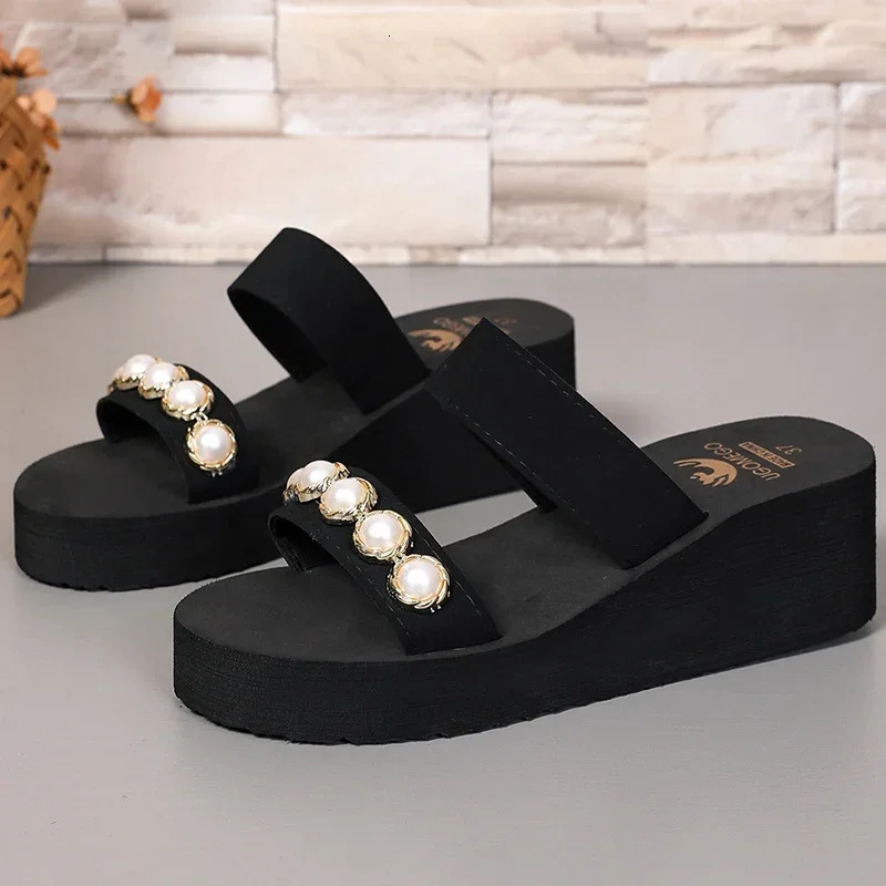 Pearls Womens Wedge Slippers Summer 2025 Chunky Platform Slip On Sandals Women Beach Casual Heels Slides Flip Flops 42 250603