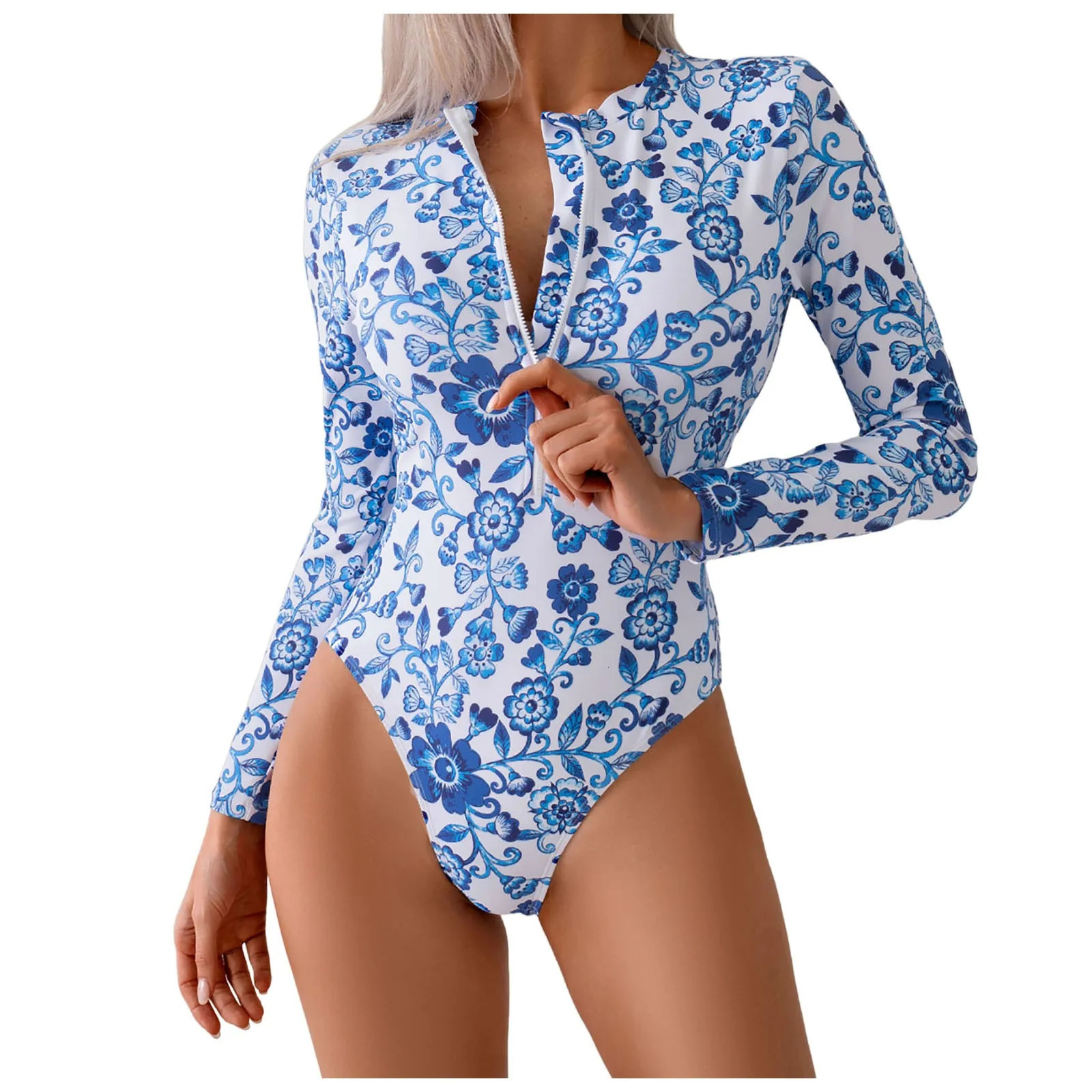 Printing OnePiece Swimsuit Front Zip Triangle Bikini For Surfing Swimming LongSleeve Female Swimwear Sexy Beach Bathing Suits 250530