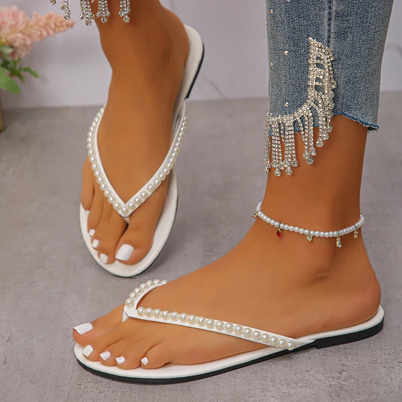 Fashion Pearls Beach Flip Flops for Women 2025 Summer Clip Toe Flat Slides Sandals Woman Comfortable Non Slip Outdoor Slippers 250603
