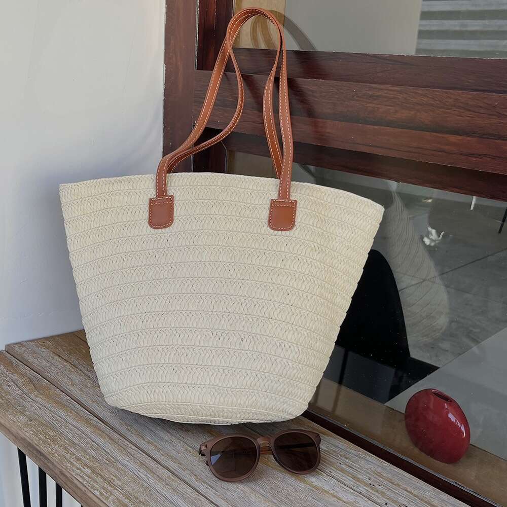 Straw Beach Tote Straw For Women Large Capacity Summer Vacation Beach Bucket Bag Mori Girl Literary Tote Woven Bag Straw Large Tote