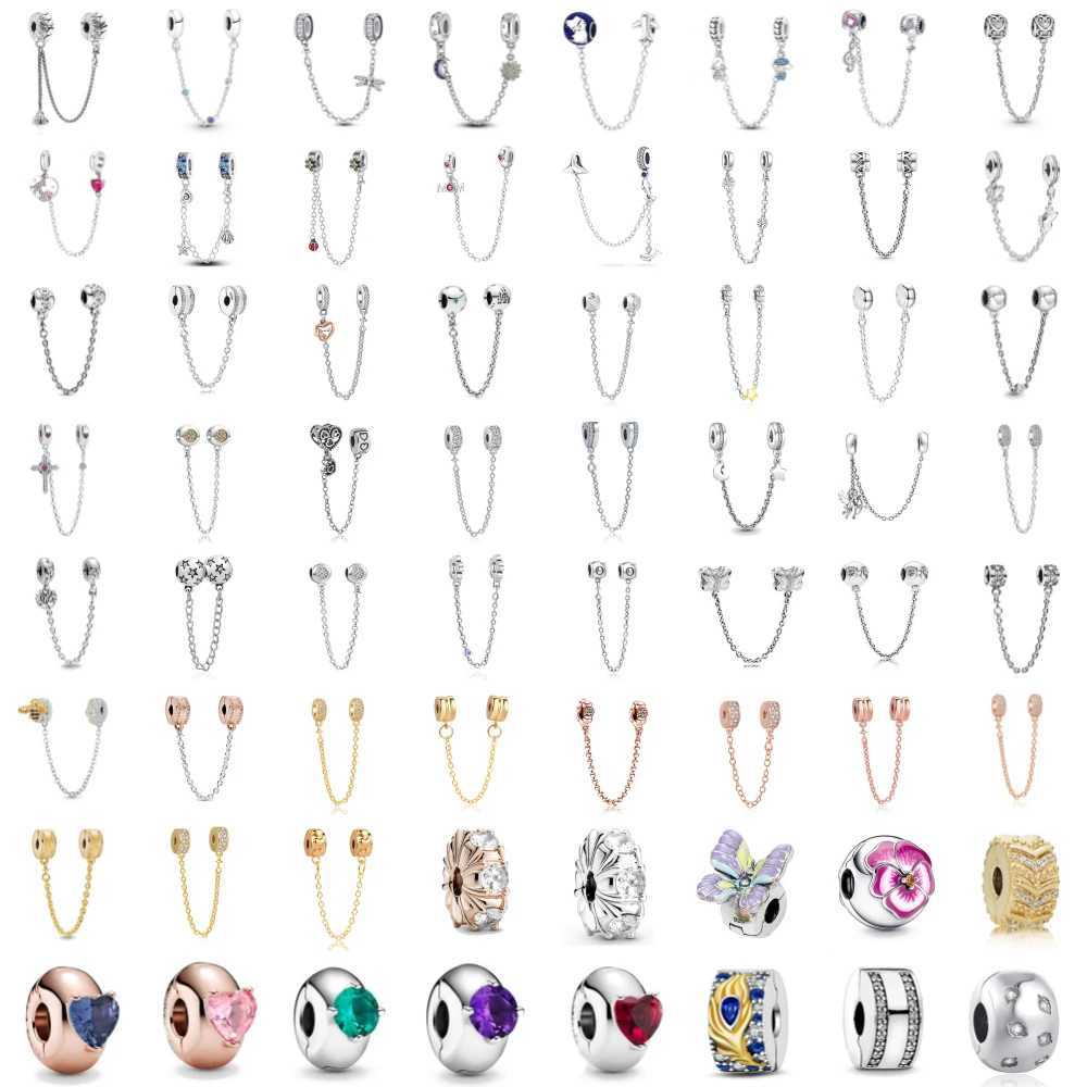 New 925 Silver Bees Flower Stars Safety Chain Charms Beads Fit Original Bracelet Accessories Safety Chain DIY Jewelry For Women XJ250607