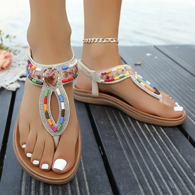 Bohemian Shiny Crystal Flat Sandals for Women Summer String Bead Decor Flip Flops Comfort Lightweight Slip-On Beach Shoes 250605