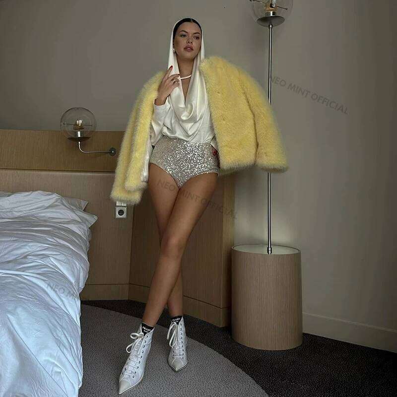 Neo Mint Cool Street Girls Winter Fashion Fluffy Fox Jacket Women Casual Round Neck Faux Fur Coat Chic Thick Warm Outerwear