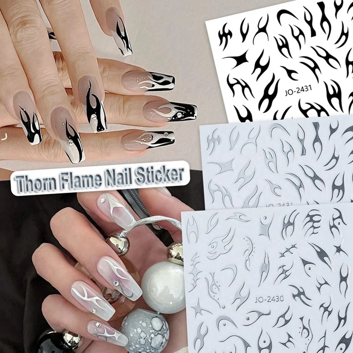 Y2k Style Irregular Silver Thorn Flame Nail Stickers for Neutral Boys Spicy Girls Decoration Decals 250605