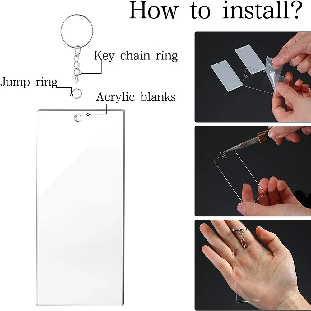 90Pcs Transparent Acrylic Keychain Blank Charms Key Chains Jump Ring for DIY Craft Ornament Engrave Painting 250606