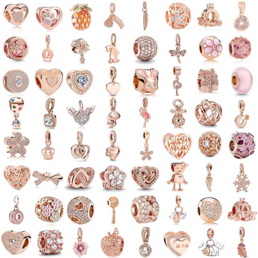 New 925 Silver Plated Rose Gold Feather Snowflakes Pineapple Fine Beads Fit Original Charms Bracelet Women DIY Jewelry XJ250607