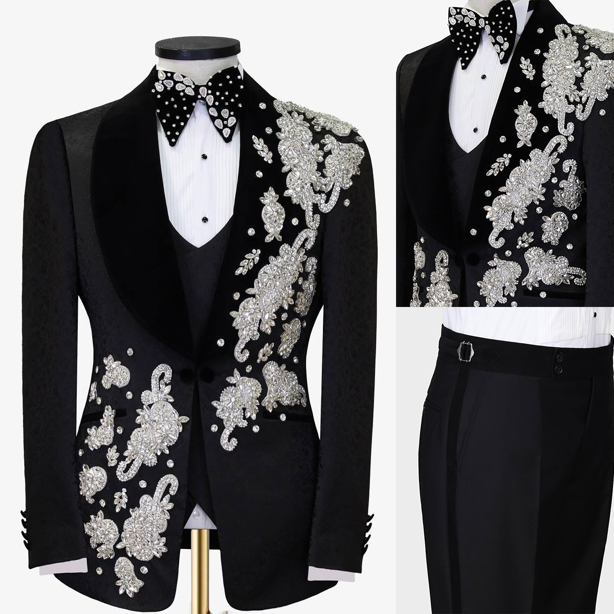 Luxury Man Suits 2 Pieces Set Rhinestone Beading Appliques Shawl Lapel Party Prom Blazer Customized One Button Jacket Pants Plus Size