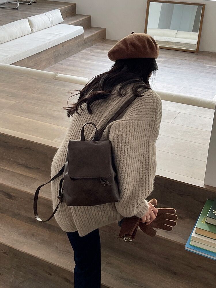 designer bag Same Style Compact Retro Brown Student Backpack for Women 2025 New Ins Simple Versatile Shoulder Bag