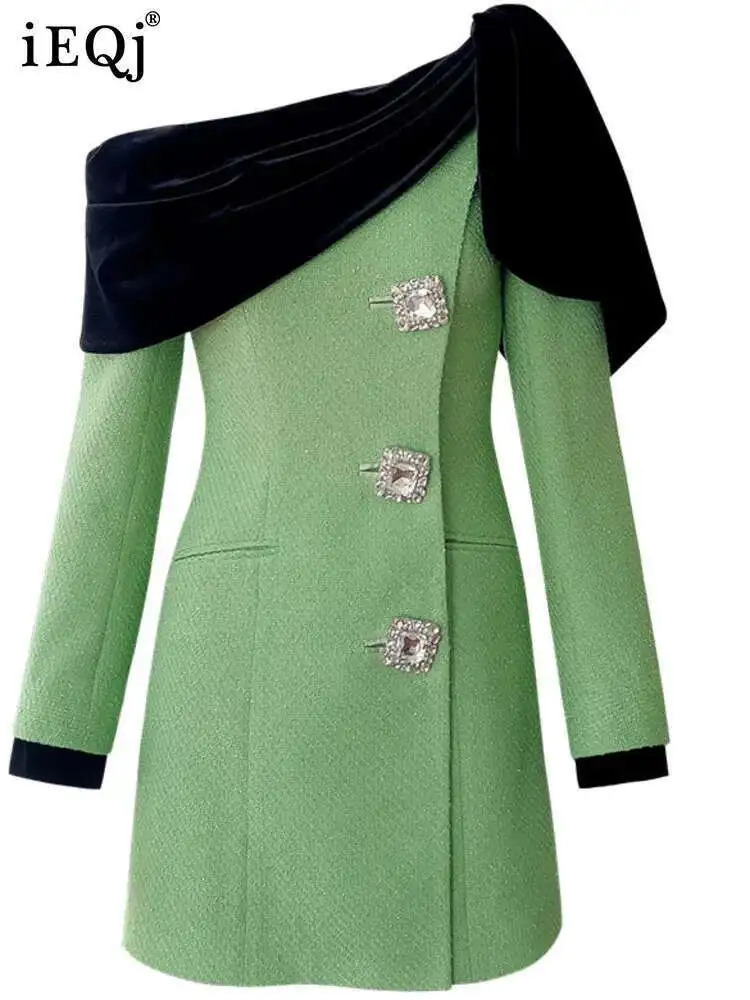 IEQJ Green Diamonds Diagonal Shoulder Tweed Dress Women Block Color Long Sleeve Single Breasted Dresses Female 3WM2566 250603