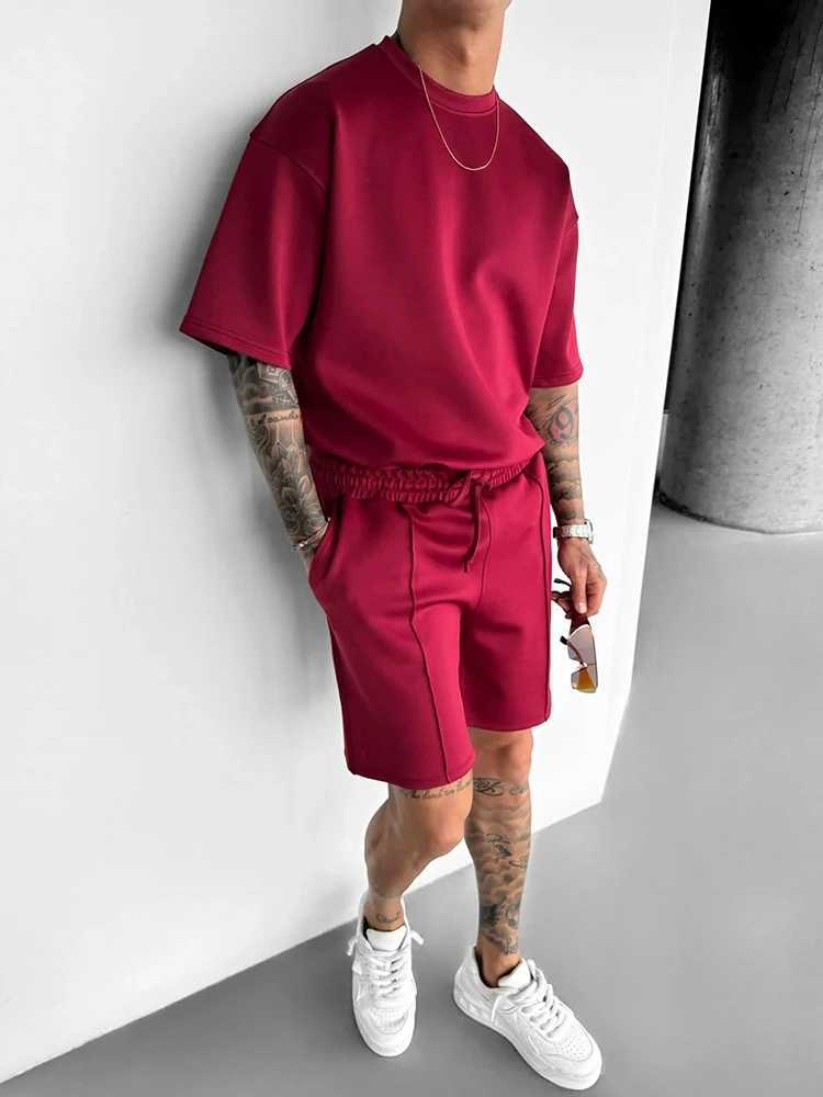 Streetwear Fashion Pure Color Mens Outfits Summer Stylish O Neck Short Sleeve T Shirt And Shorts Men Two Piece Suits Casual Sets W250609
