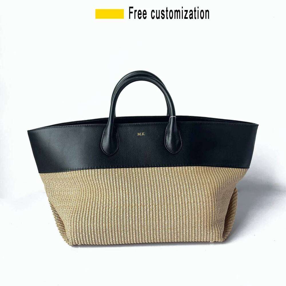 French straw woven tote 2025 new niche design cowhide splicing large capacity vacation beach vintage lady hand-woven bag