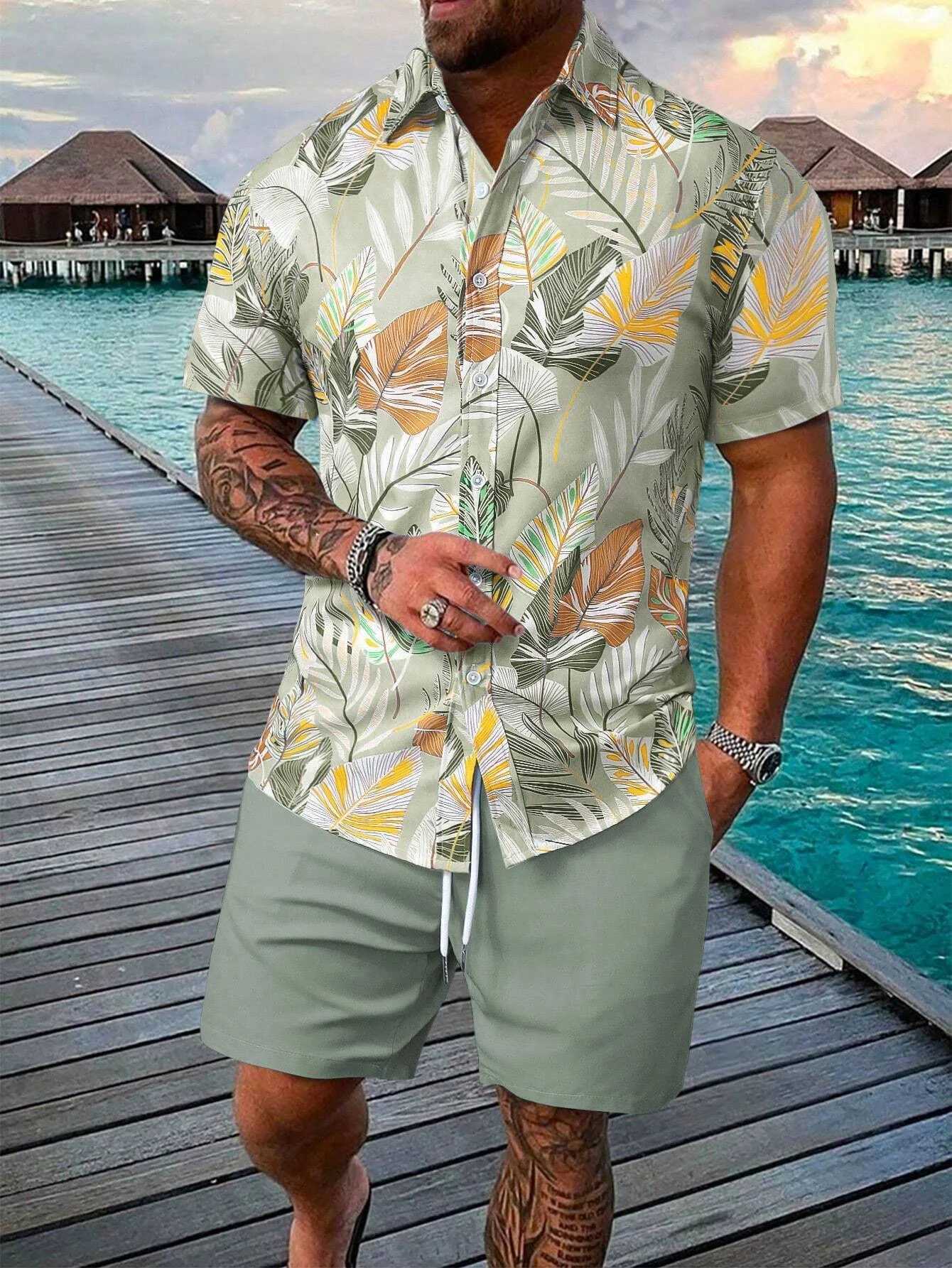 Funny 3D Leaves Print Mens Shirt Sets Fashion Hawaiian Short Sleeve Tops Shorts 2 Piece Outfit Summer Beach Vacation Man Suit W250609