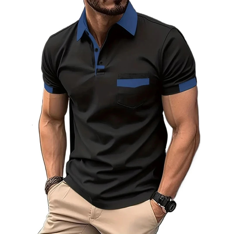 Summer Mens Short Sleeve T Shirts Solid Color Polo Shirt Breathable Loose Basic Shirts for Men Lightweight Tops with Pockets 250605