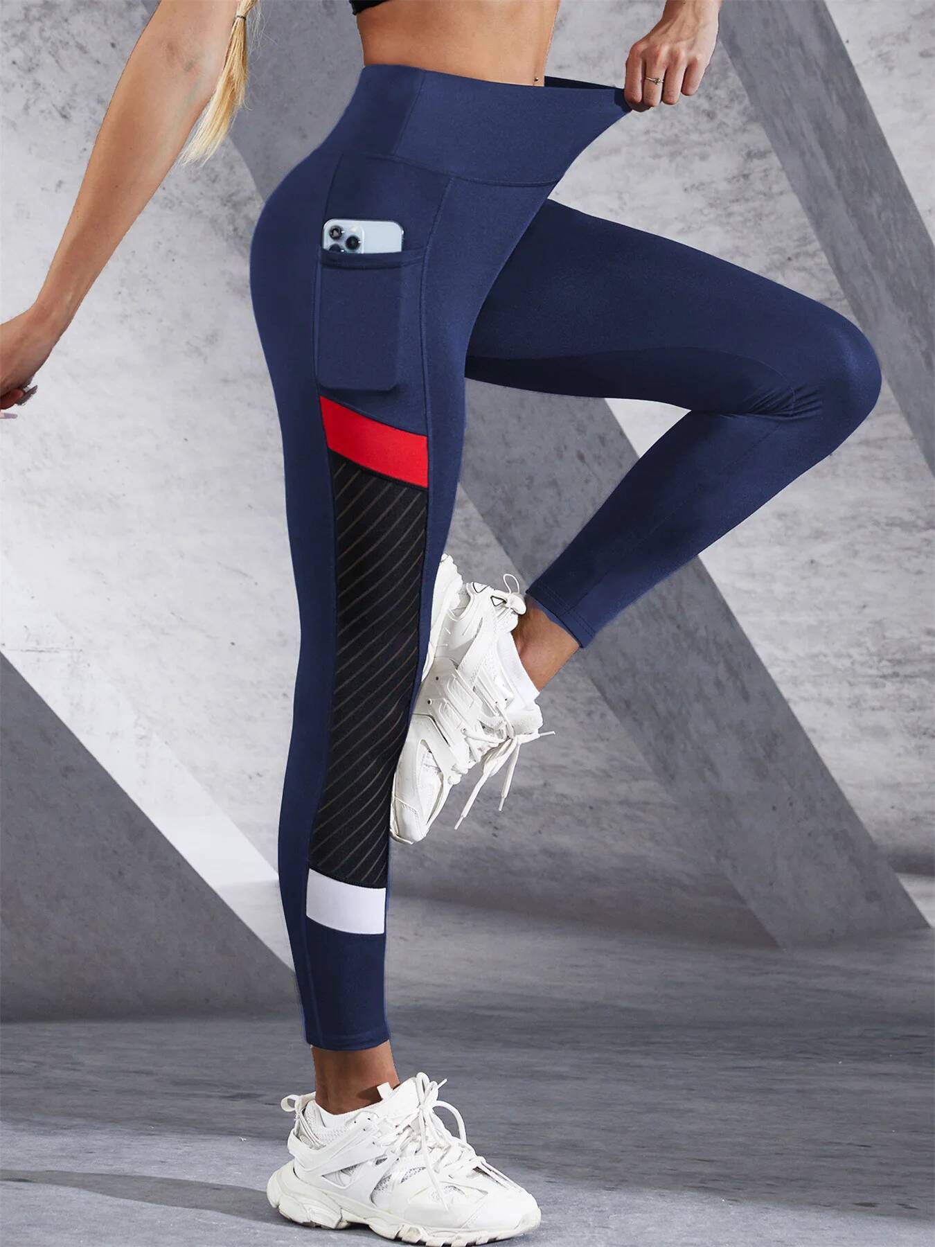 Colorblocked Mesh High Waist Yoga Pants with Side Pockets for Women Tummy Control Workout Shaping Leggings