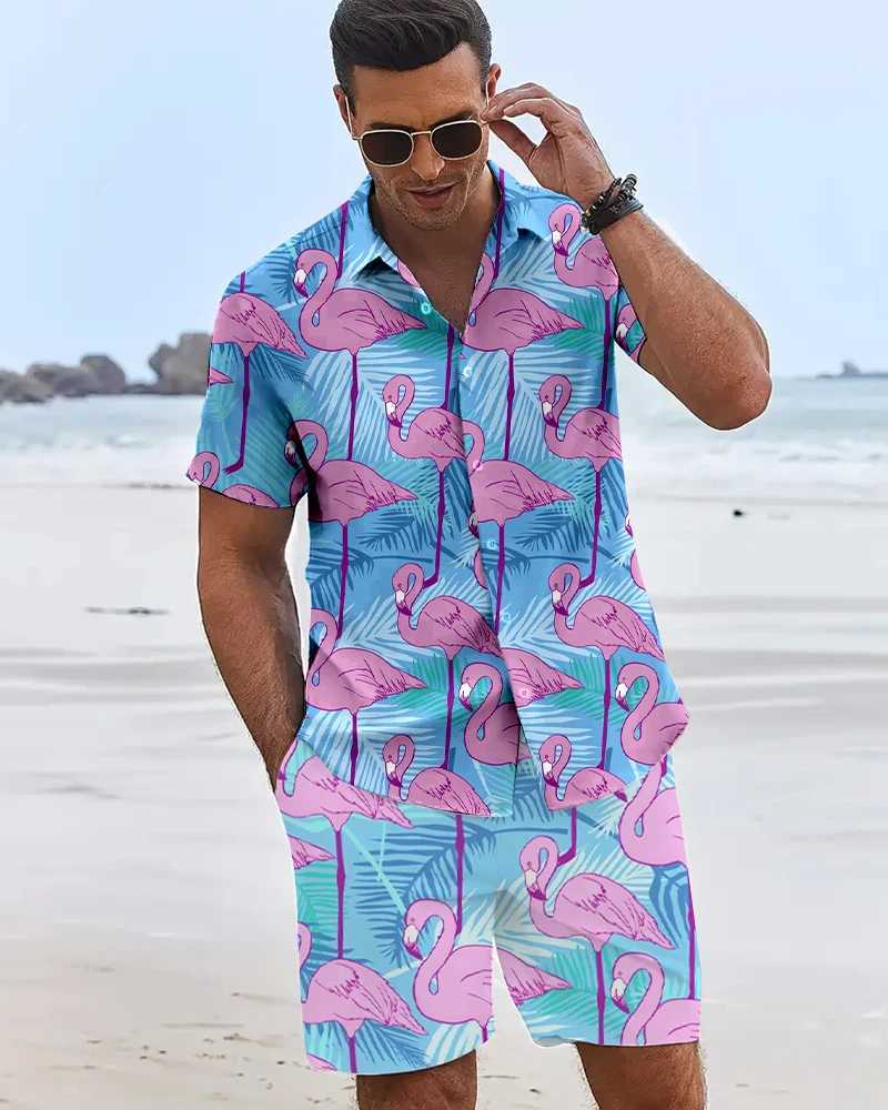 New Summer Flamingo Print Mens Short Sleeve Shirt Hawaii Mens Sports Shorts Summer y2k Mens Casual Shirt and Beach Shorts Set W250609