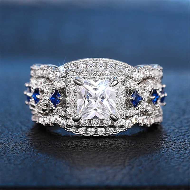 3Pcs/Set 925 Sterling Silver Rings Princess Cut Blue CZ Luxury Wedding Engagement Party Jewelry Set for Women Fashion Accessory XJ250606
