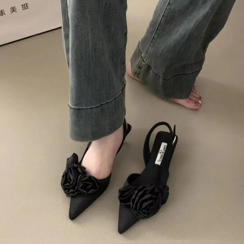 Women Sandal Fashion Flower Ladies Elegant Dress Slingback Shoes Thin Low Heel Dress Mules Pumps 250605