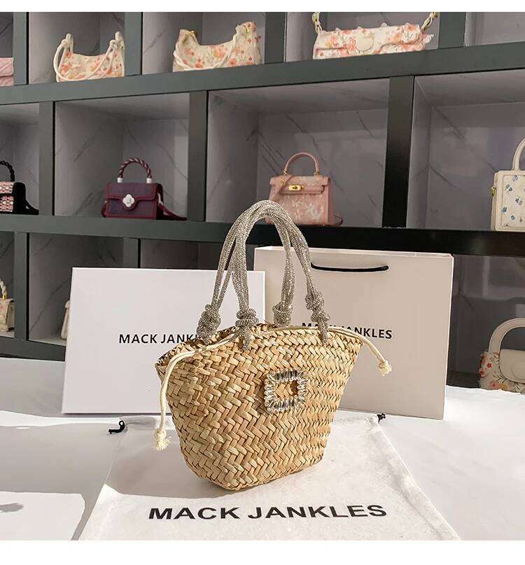 Glitter Shiny Rhinestones Dias Handle Handbag Straw Woven Handmade Bucket Women Clutch Purse Holiday Vacation Beach Bag