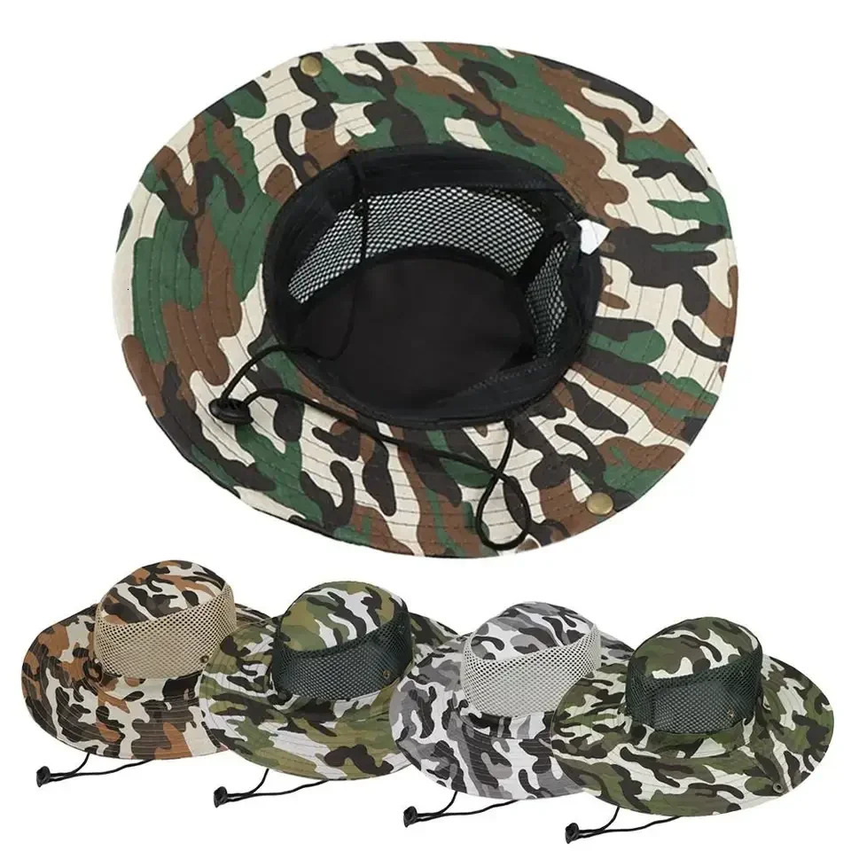 Camouflage Mesh Bucket Hats Wide Brim Beach Hat UV Protection Breathable Hunting Fishing Climbing Hiking Hat Outdoor Men Sun Hat 250605