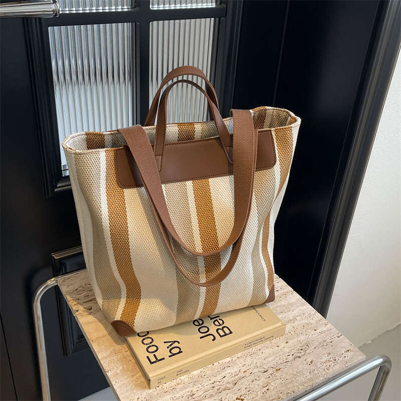 2025 Canvas New Fashion Striped Color-Block Women's Large Capacity Versatile Trendy Ladies' Casual Shoulder Bag