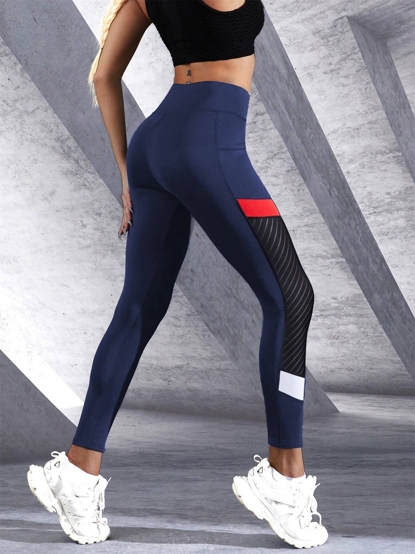 Colorblocked Mesh High Waist Yoga Pants with Side Pockets for Women Tummy Control Workout Shaping Leggings