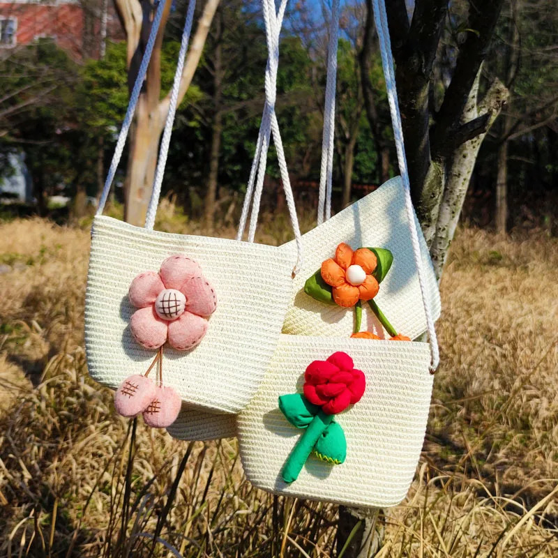 lovely Girls Summer Straw Shoulder Bag Cute Flower Childrens Woven Phone Purse Handbags Beach Travel Baby Kids Crossbody Bags 250605