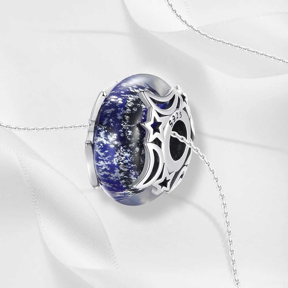 Hot Sale 925 Sterling Silver Sparkling Crossover Star Beads Galaxy Blue Star Murano Glass Charm Fits 3mm Bracelet Necklace XJ250607