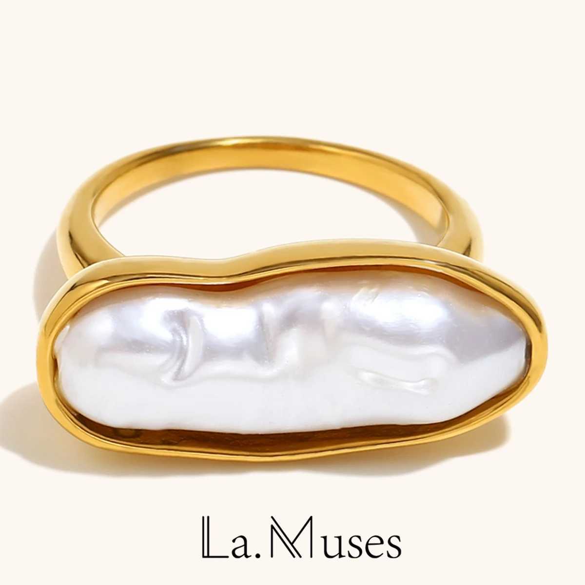 The.Muses Irregular Long Imitation Pearl Stainless Steel Womens Ring Fashionable Waterproof 18K Gold-plated Jewelry Gift W250606