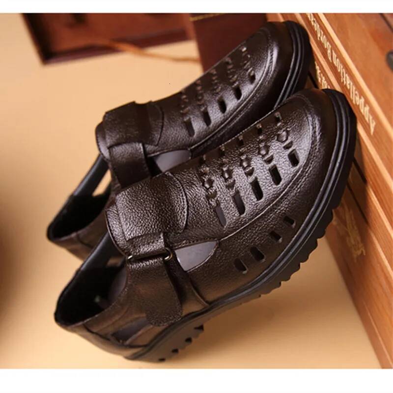 Ddmyoutdoor Men Summer Genuine Leather Man Casual Shoes Hook Loop Breathable Middle Aged Footwear Hollow Male Sandals Outdoor Shoes