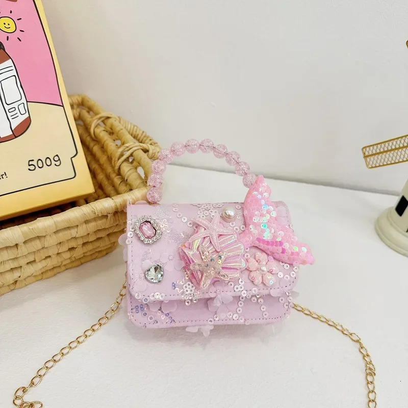 Lovely Sequin Girls Square Shoulder Bag Fish Tail Starfish Princess Crossbody Bags Bead Handle Childrens Small Handbags Purse 250605